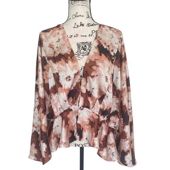 NY & Co. BLOUSE BATWING SLEEVES BROWN CREAM SZ XXL V NECK RUFFLE AESTHETIC CORE - Picture 2 of 16